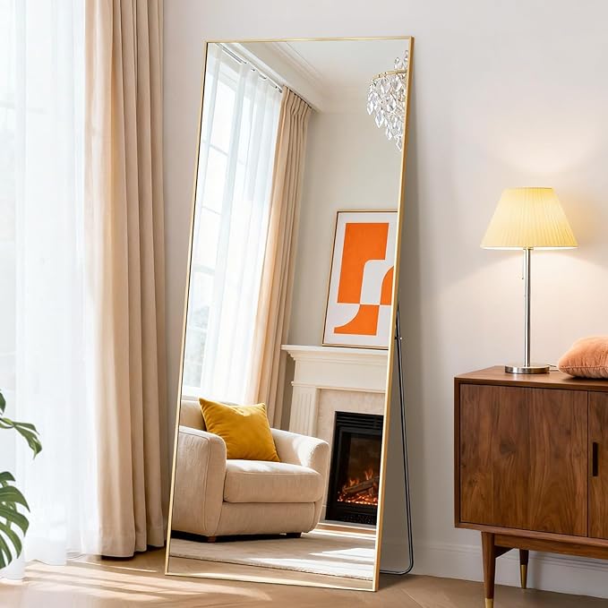 DUMOS 21"x56" Full Length Mirror with Stand, Floor Standing Aluminum Frame, Shatter-Proof Nano Glass for Bedroom, Living Room, Cloakroom – Modern Simple Home Decor,Can Be Hanging or Leaning, Gold
