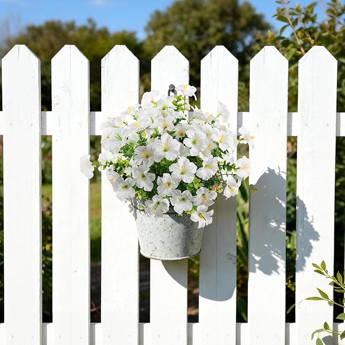INQCMY Artificial Fake Petunias Flowers for Outdoors Spring Summer Decoration, 12 Bundles Faux Flower Plants UV Resistant White Realistic Silk Flower for Outside Planters Patio Porch Yard Window Box