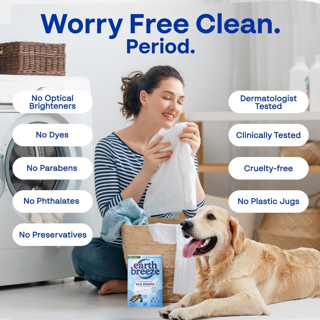 Earth Breeze Laundry Detergent Sheets Fresh Scent - 180 Loads Eco Liquidless Soap - Travel-Friendly for Hot & Cold Cycles, Tackles Tough Stains & Odors - Gentle on Skin, 90 Ct (3 Pack)
