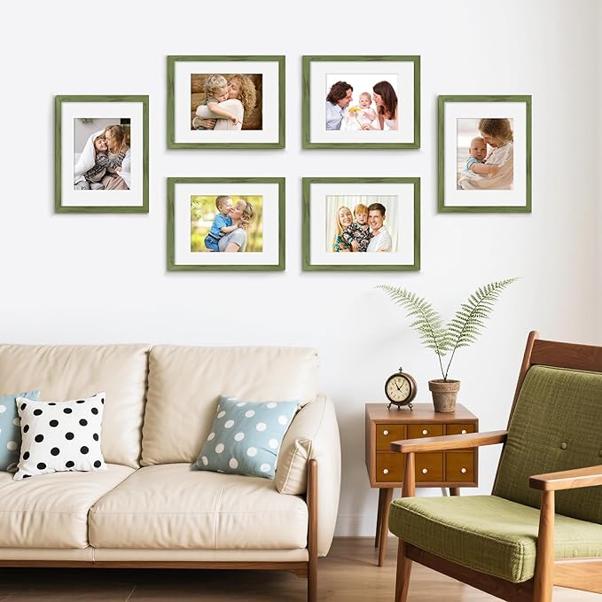 Picrit 11x14 Picture Frame Set of 12, Display 8x10 with Mat or 11x14 without Mat, Photo Frames for Wall Mounting or Table Top Display, Green Wood Grain