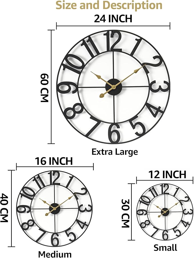 Sorbus Large Wall Clock for Living Room Decor - Wall Clock for Kitchen - 16 inch Big Wall Clock Decorative - Metal Wall Art - Analog Large Clock for Bedroom, Home, Kitchen, Office, Wall Decor (Black)