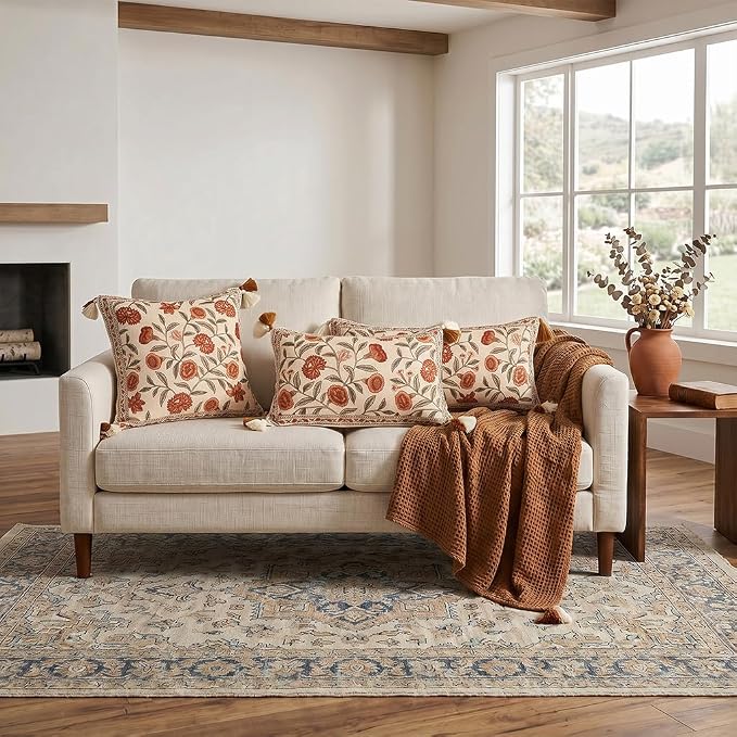 ISAENNE French Elegant Linen Rectangle Throw Pillow Cover,20"x12"-Albano A | Designer Vintage Pillow Cover,Concealed Zipper Design,Orange Floral Pattern,Sofa,Bedroom,Living Room,Lounge Chairs