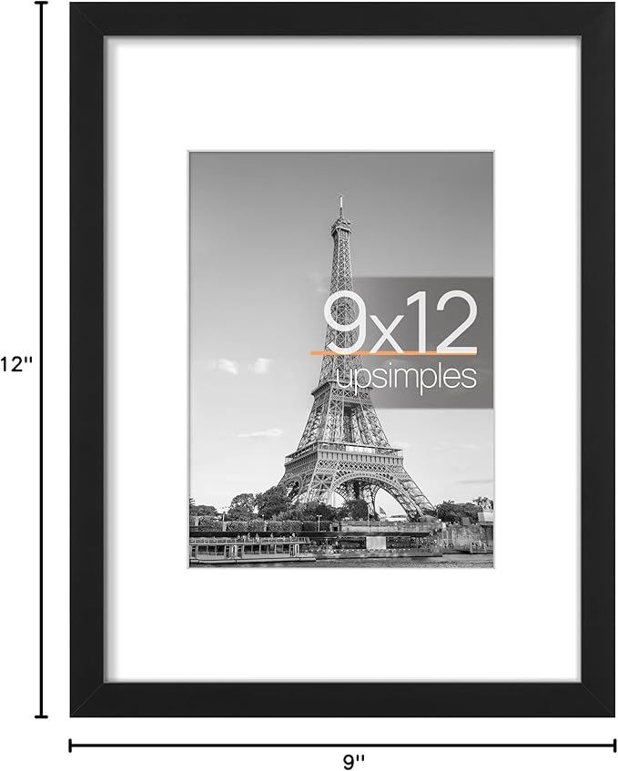 upsimples 9x12 Picture Frame, Display Pictures 6x8 with Mat or 9x12 Without, Wall Hanging Photo Frames, Black, 1 Pack