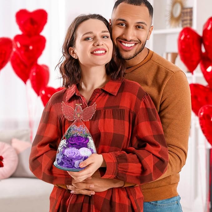 FIACO Gifts for Mom Women Birthday Preserved Rose in Glass Angel Figurine Forever Fresh Flower for Delivery, Mothers Day Flowers Gifts for Grandma Wife Daughter Friends