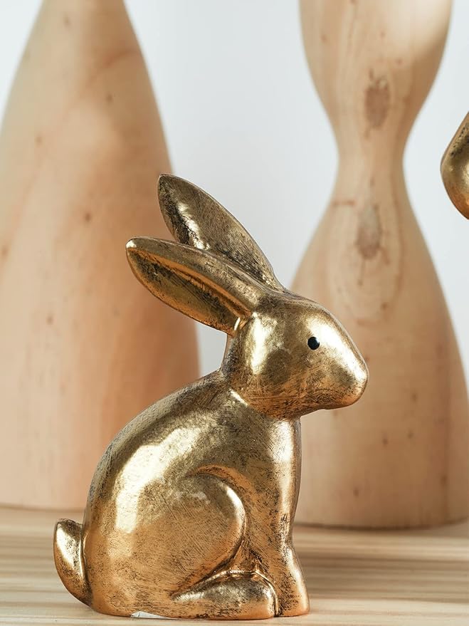 DN DECONATION Golden Bunny Figurines, Wooden Bunny Decor, Small Easter Rabbit Statue Set of 2, Vintage Easter Decorations, Bunny Decorations for Home, Spring Decor, Gift