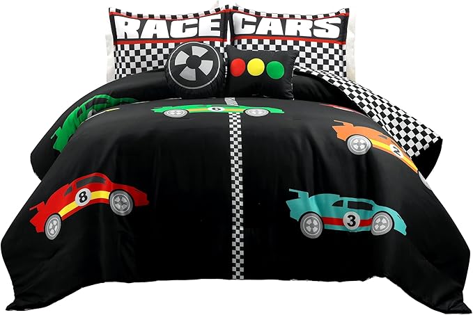 Lush Decor Racing Cars Reversible Comforter Queen Size 5 Piece Set Full/Queen Black & Multi - Kids Bedding Set Queen Comforter - Car Decor