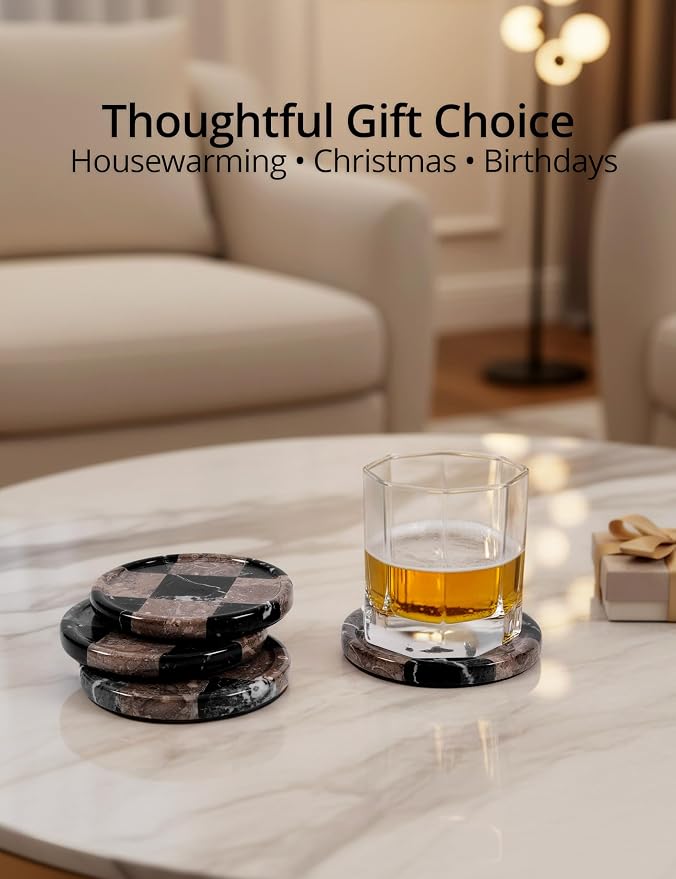 Marble Coasters Set of 4, Zebra Black & Oceanic Handmade 4 inch Round Stone Coaster, Drink Checkered Coaster Plates for Coffee Table, Stylish Bar Accessories & Modern Home Décor