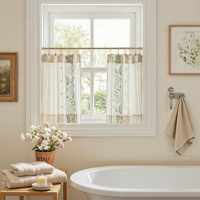 jinchan Winslow Linen Kitchen Curtains 24 Inch Length Small Window Curtains Embroidered Bordered Floral Drapes Light Filtering for Bathroom Laundry Room Farmhouse Decor Green on Beige 2 Panels
