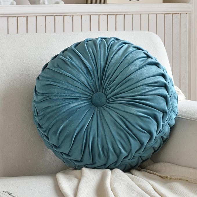 Teieas Round Throw Pillow Velvet Home Decoration Pleated Round Pillow Cushion for Couch Chair Bed Car Lake Blue