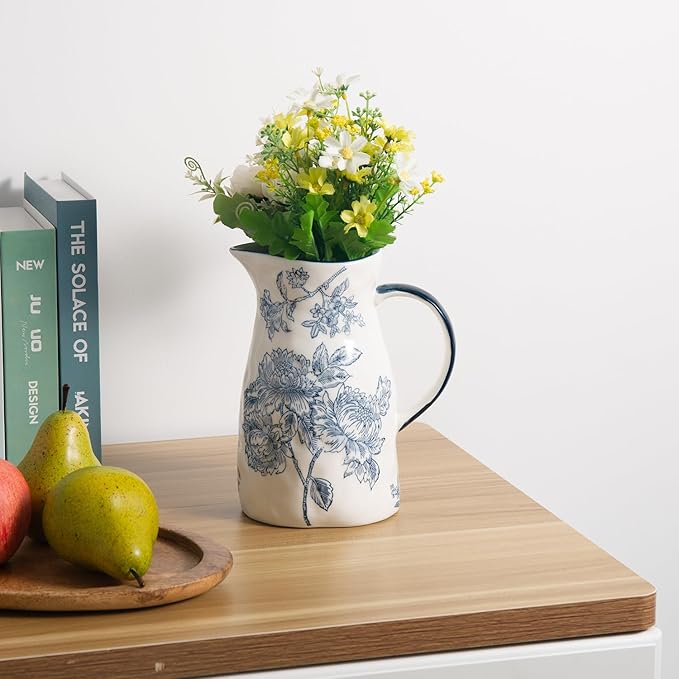 Ceramic Pitcher Vase, Blue and White Jug for Home Decor, Chinoiserie Vase Decor, Decorative Pitcher with Handle