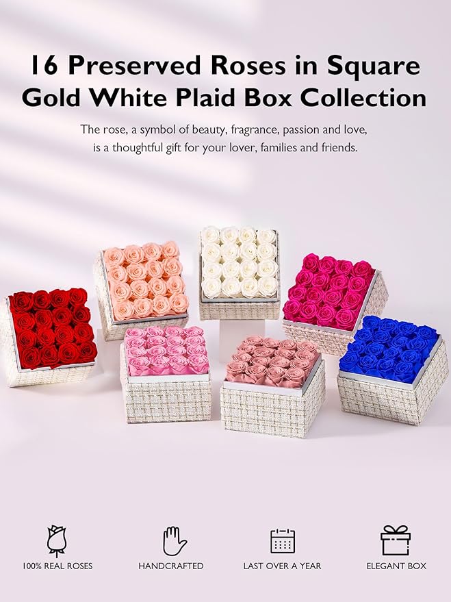 Eterfield Forever Flowers Preserved Roses Real Roses that Last Over a Year Rose Box Gifts for Her Mothers Day Valentines Day Christmas (Square Gold White Plaid Box, 16 Dusty Pink Roses)