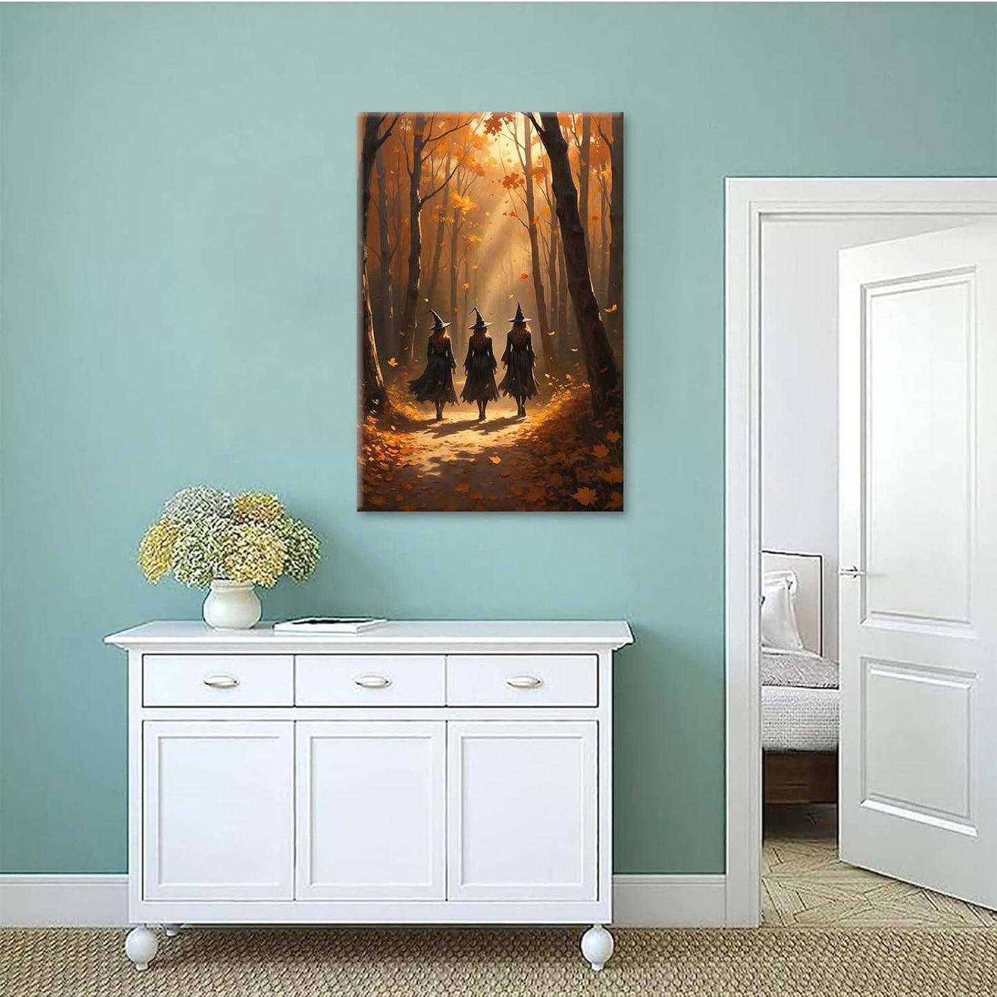 JFHCQJPK Three witches walking in the forest in autumn canvas painting gothic poster halloween print country witch wall art for home decoration32x48in Frameless