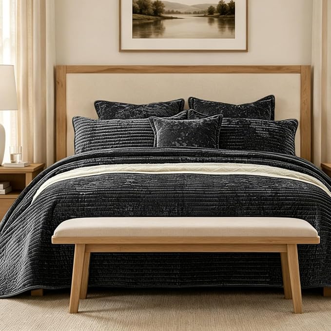 Luxury Velvet Oversized King 120x128 in Quilt Set 3 Piece Quilted Bedspread with 2Pillow Shams(20x36) Ultra Soft Coverlet All Season Bedding for Farmhouse Modern Bedroom Sofa,Black