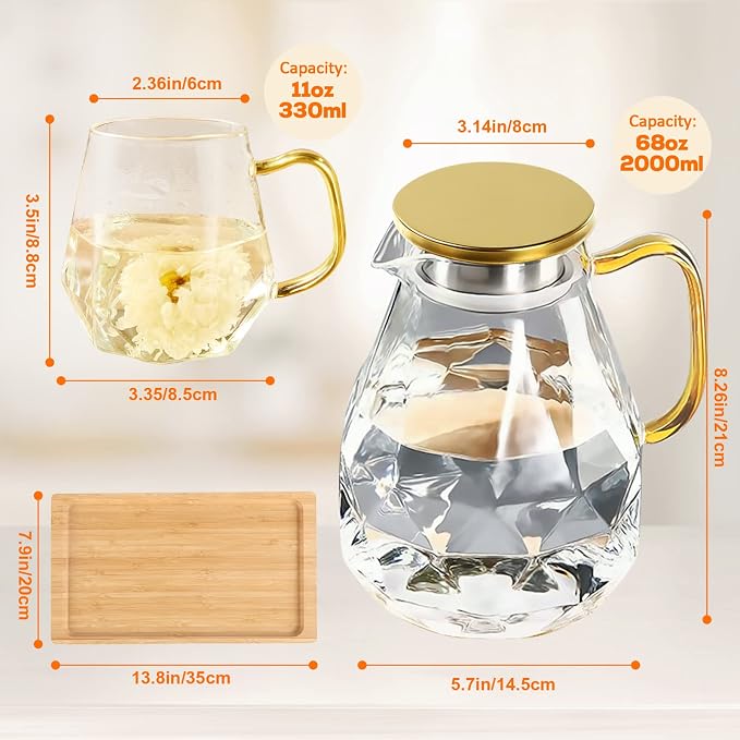 DUJUST Glass Pitcher Set (68 oz) with 4 Cups & 1 Tray, Elegant Diamond Design Water Pitcher with Handle, Durable Glass Jug for Fridge, Glass Carafe for Iced Tea/Juice/Beverage/Coffee/Drinks