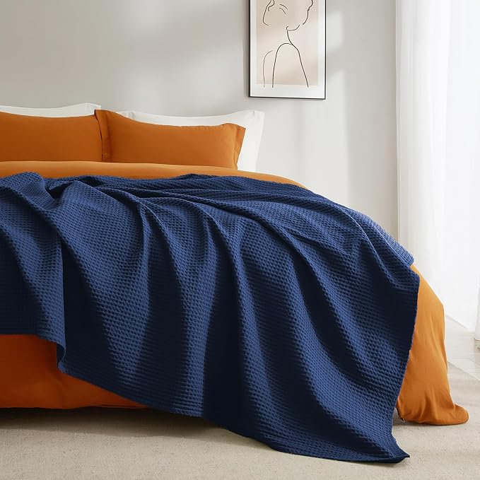 PHF Pre-Washed 100% Cotton Waffle Weave Blanket Twin Size for Bed,Snag Proof Throw Blanket for Couch Spring Summer Lightweight Breathable,Machine Washable, Home Decor Gift - Navy Blue/Bright Blue