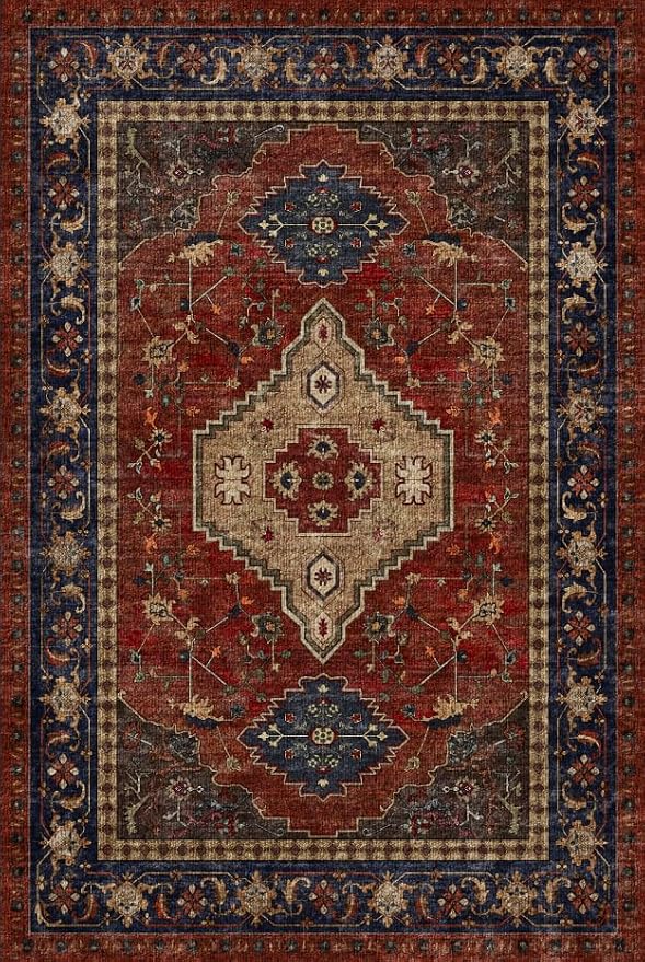 Tangsoo Red 2.6X10 Washable Hallway Runner Rug, Non Slip Vintage 10ft Runner Rugs for Hallways, Soft Low Pile Long Rug Runner, Print Carpet Runners for Kitchen Bedroom Entryway Living Room Red Beige