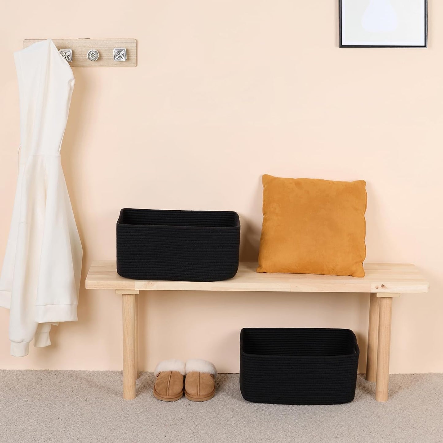 Large Storage Baskets for Shelves, Closet Organizers Bins for Clothes Blanket Towels, Baby Nursery, Toy Baskets Box, Woven Rope Baskets, 17 x 13 x 7.5”, 2 Packs Black