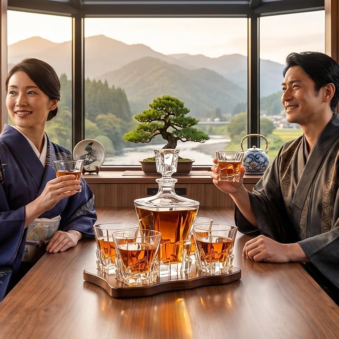 Ridge Japanese Crystal Whisky Decanter Set with 4 Tumbler Glasses, Lead-Free Liquor Carafe & 10oz Rocks Glasses - Scotch Bourbon, Spirits & Wood Base Elegant Barware Gift for Men, Japan Design Gifts