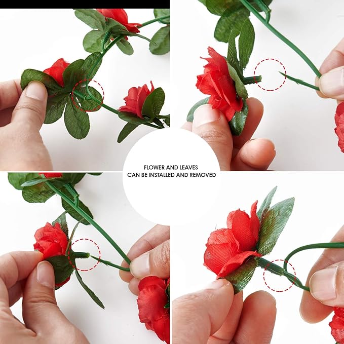 PONKING 8 Pcs x 8.2 ft Flower Garland Artificial Rose Vine Flowers with Green Leaves Hanging Fake Roses Vine for Room Party Home Wedding Birthday Christmas Wall Arch Decor, Spring Red Flower