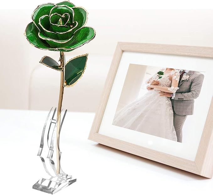 Gold Plate Rose, 24k Gold Dipped Preserved Long Stem Rose Flower for Her Women Wife Mother Girlfriend, Green Rose with Stand