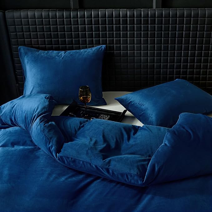 WARMDERN Navy Blue Flannel Velvet Duvet Cover Queen Size Duvet Cover Bedding Sets, 3pcs Ultra Soft Luxury Textured Modern Crystal Velvet Duvet Covers with Zipper Closure(Navy Blue, Queen)