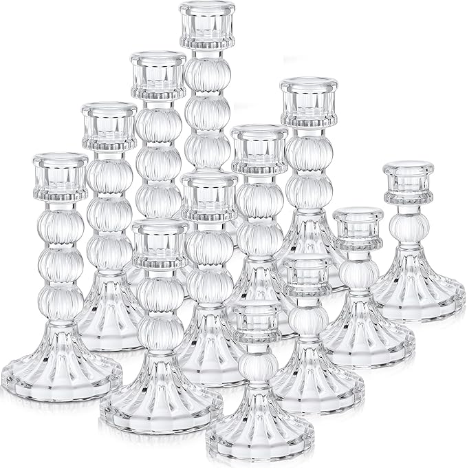 Mumufy 12 Pack Glass Taper Candle Holders Clear Candlestick Holder Fit 0.8 Inch Candles 4'' 6'' 8'' Tall Crystal Decorative Candlestick Stand Centerpiece for Table Wedding Dining Party (Vertical)