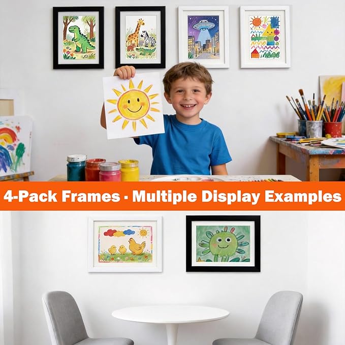 Kids Art Frames 8.5x11, 4-Pack Front Opening Changeable Picture Frames for Kids Artwork, Holds 150 Pieces Each, Artwork Storage and Wall Display Frame for Drawings, Portfolio, Black & White