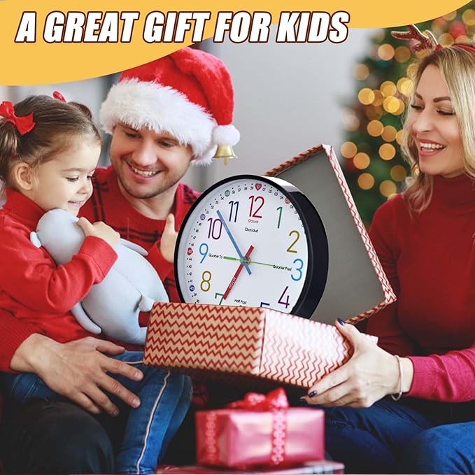 Learning Clock for Kids, 10'' Silent Non-Ticking Teaching to Tell Time Colorful Wall Clocks for Children's Room Bedroom Classroom Home Decor, Gifts for Christmas Birthday (Black)