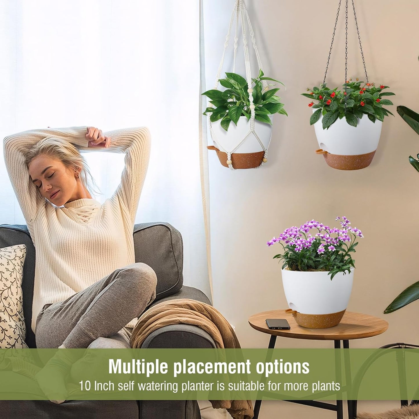 10 inch Self Watering Hanging Planters, 2 Pack Hanging Baskets for Indoor Outdoor Plants, Hanging Flower Pots with Drainage Holes & 2 Kinds of Plant Hangers for Garden Home Décor, White Brown