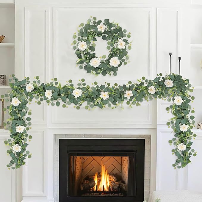 2PCS Flower Garland 6.2FT Artificial Rose Flowers Garland Wall Vines Greenery White Roses Eucalyptus Garlands for Wedding Table Runner Arches Backdrop Party Centerpiece Room Decor