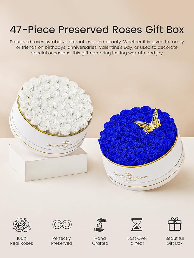 47 Preserved Roses Forever Flowers Real Roses in a Box Mother's Day Birthday Flowers for Her Mom Women Wife Valentine's Day, Royal Blue Roses