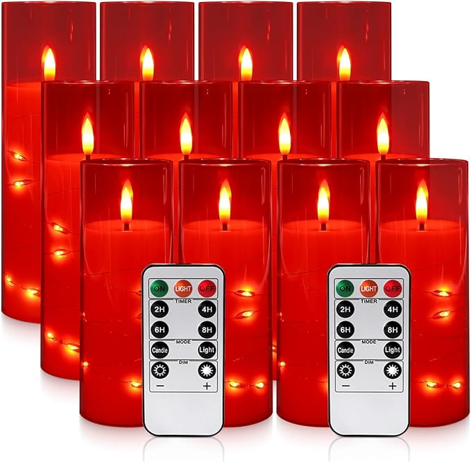 12‑Pack Red Flameless LED Candles(D 2.2" xH 5" 6" 7") with Embedded String Lights,Acrylic Pillar Candles with 2 Remote Timers, Battery‑Operated for Christmas, Halloween & New Year Decor.