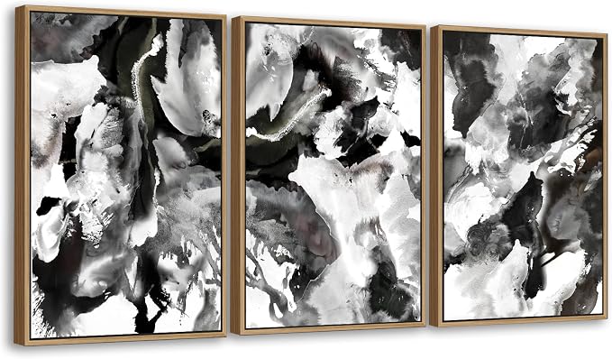 Large Abstract Wall Art for Living Room Natural Wood Float Framed Art Set of 3 Black and White Pictures Artwork Modernism Canvas Prints for Bedroom Kitchen Home Office Wall Decor 24"X36"X3