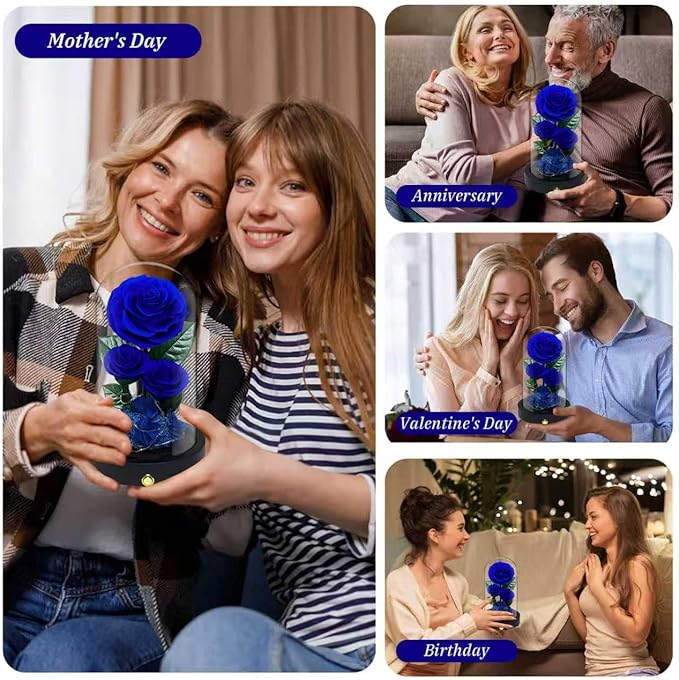3 Preserved Flowers Roses in Glass Dome for Beauty and The Beast Decor Real Rosas Eternas for Women Mom Birthday,Forever Blue Roses for Delivery,Christmas for Wife Girlfriend Her