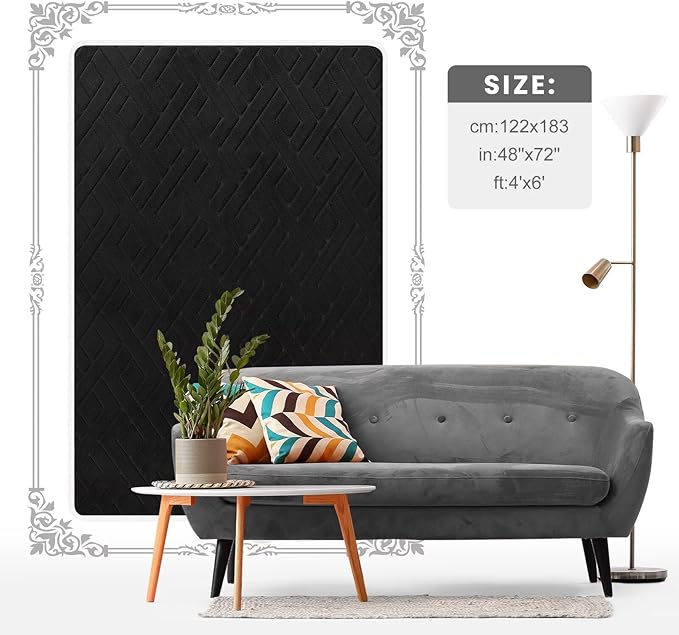 Macgace Ultra Soft Black Area Rug for Bedroom, 4x6 Modern Geometric Shag Rugs with Nonslip Backing for Living Room, Washable Fuzzy Carpet for Cozy Kids Room Nursery