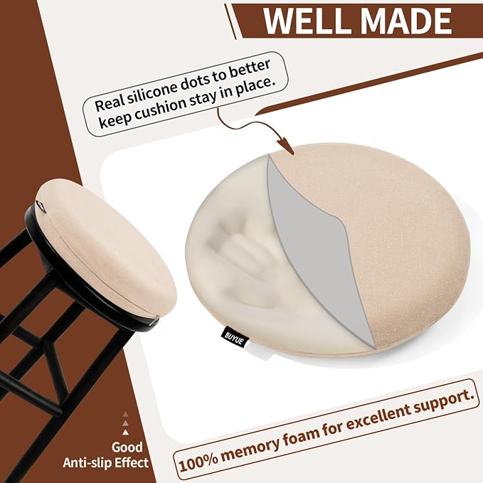 BUYUE Memory Foam Seat Cushion, Dia 15" Soft Velvet Round Stool Cushion Anti-Slip Chair Pads, M, Beige