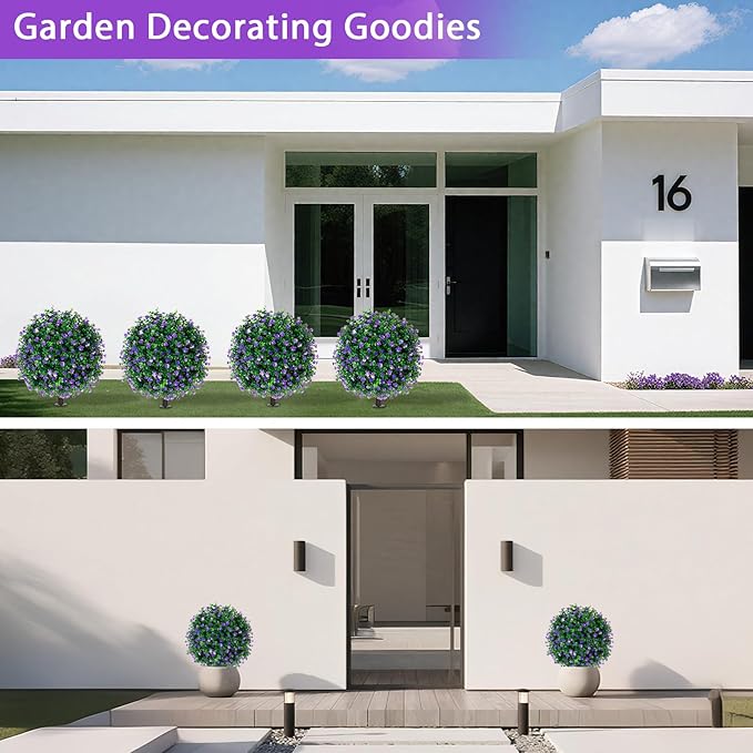 Yangrass Artificial Purple Flower Topiary Ball Trees with Ground Spike, Set of 2 UV Resistant Artificial Shrubs, Fake Evergreen Artificial Plant Bushes for Indoor Outdoor Front Porch Garden