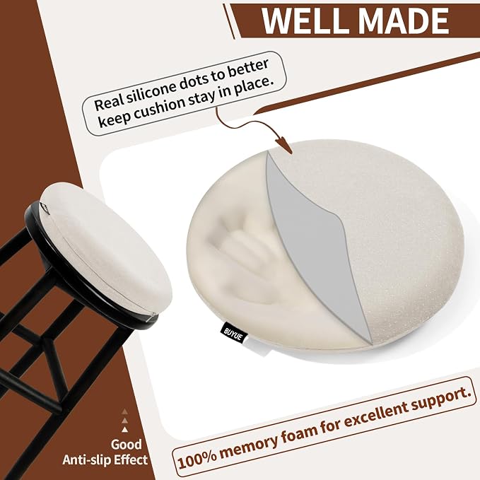 BUYUE Memory Foam Seat Cushion, Dia 13" Soft Velvet Round Stool Cushion Anti-Slip Chair Pads, S, Light Grey