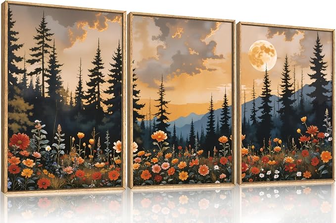 KAIRNE Mountain Wildflower Landscape Framed Canvas Wall Art Set,Vintage Moon Pine Tree Wall Decor,Rustic Forest Art Prints,Retro Scenery Artwork for Living Room,Bedroom,Farmhouse,Office-16 x24 x3