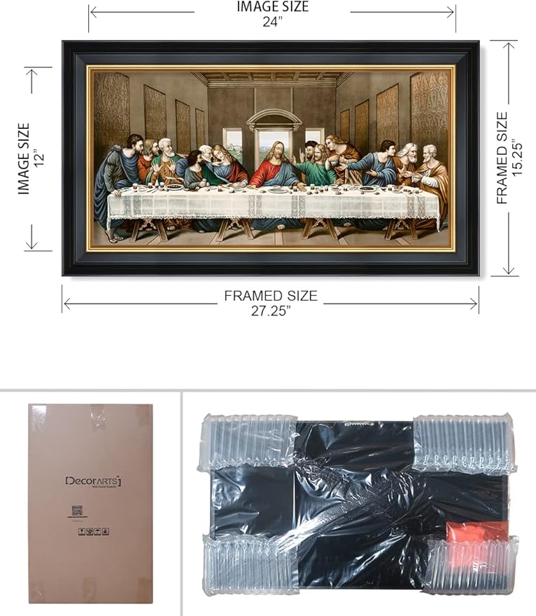 DECORARTS - The Last Supper by Leonardo Da Vinci Giclee Reproducation, Giclee Prints Acid Free Cotton Canvas with Matching Black Gold Solid Wooden Frame. Total Framed Size: 27" W x 15" H