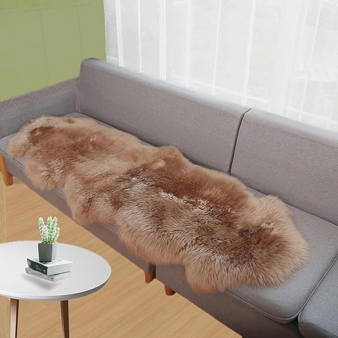 Woolous Genuine New Zealand Sheepskin Double Pelt Rug- Handmade Sheep Skin Runner Rug, Soft Thick Natural Bedside Area Rug for Bedroom and Living Room Decor, (2x6 ft, Brown) | double pelt sheepskin fur; soft thick natural 2x6 runner rug for bedroom, li...