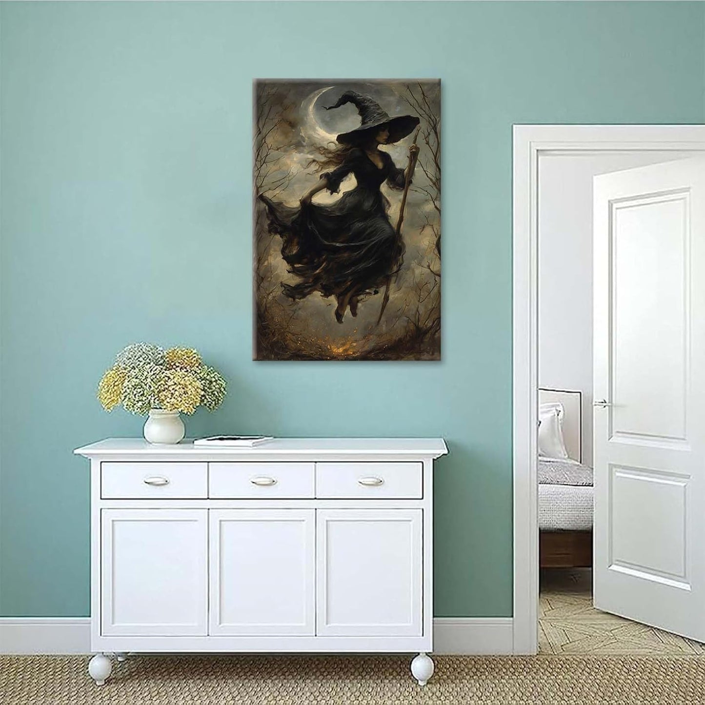 Witch in the Forest Halloween Print Wall Art Poster Witch Decor Vintage Print Dark College Wall Art Victorian Gothic Room Decor Canvas Wall Print16x24in Wood Framed
