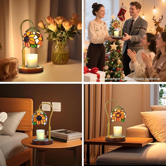 Candle Warmer Lamp - Sunflower Tiffany Style Wood Base Timer | Rsbrillialite Sunflower Candle Warmer Lamp - Tiffany Style Stained Glass Decor with Timer for Room Aesthetic Gifts