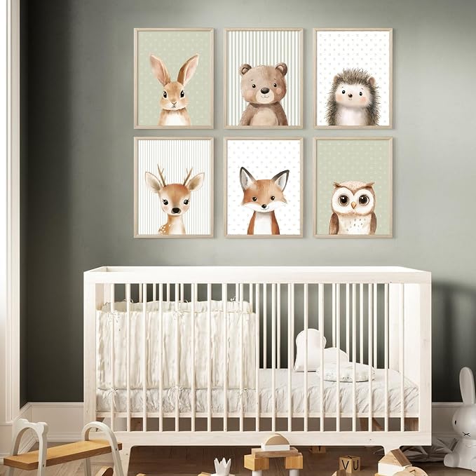 Woodland Animal Nursery Wall Art Decor Baby Kids Canvas Poster Safari Animal Wall Decor Jungle Forest Prints Bear Fox Deer Pictures Sage Green Painting Neutral Artwork for Bedroom 8x10x6 Inch Framed