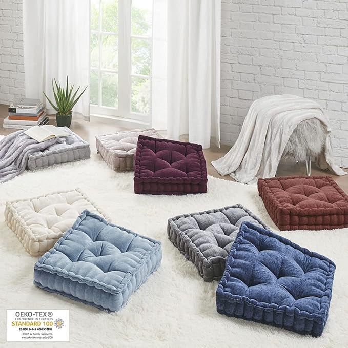 Intelligent Design Azza Floor Pillow, Large Cushions Sitting for Adults, Floor Pillow for Meditation or Yoga, Lustrous Chenille Tufted with Scalloped Edges for Bench/Chair Cushion, 20"x20"x5" Blush