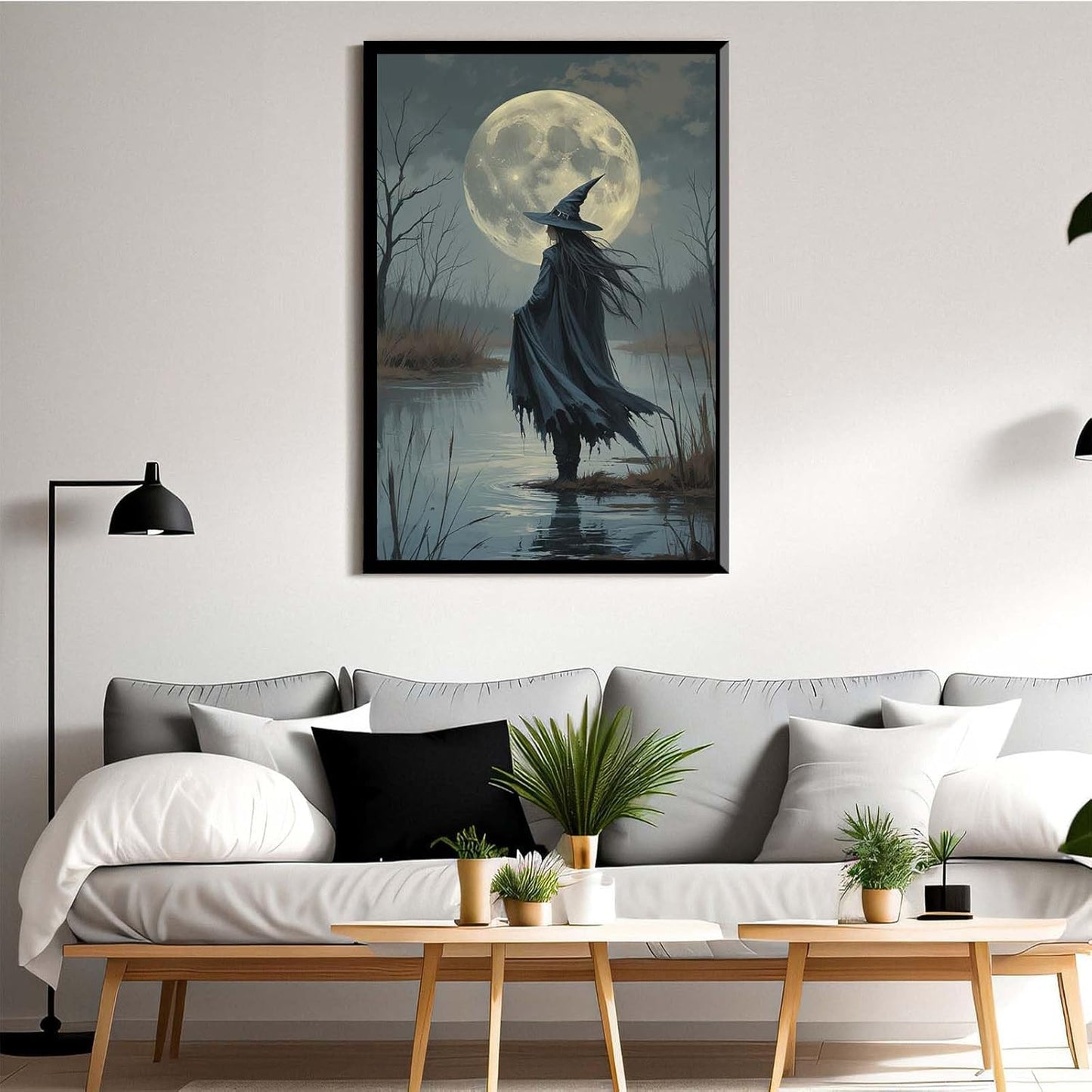 JFHCQJPK Witch in the moonlight magic canvas wall art enchanting Halloween home decor swamp witch silhouette oil painting mysterious gothic aesthetic wall decor print poster8x12in Metal blackFramed