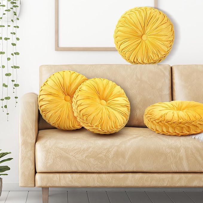 Beeveer 4 Pcs Round Throw Pillows 15 Inch Decorative Velvet Pleated Pumpkin Pillows Boho Floor Pillow with Center Button for Living Room Couch Chair Bed Sofa Home Decoration (Yellow)