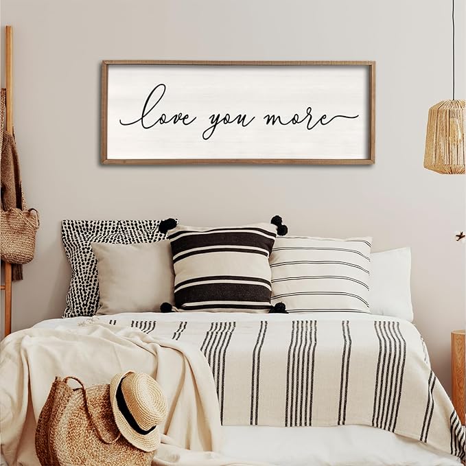 Love You More Sign Wall Decor 40''×15'' Large Vintage Framed Wood Modern Farmhouse Wall Decor for Master Bedroom Above Over Bed Minimalist Wall Art Hanging (Wood White)