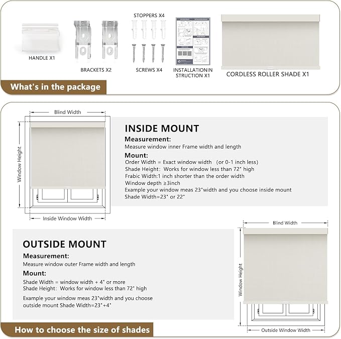 AOSKY Linen Roller Blinds Shades for Indoor Windows Pull Down Cordless Blackout Black Out Window Shade 50 Inch Blinds for Home Beige