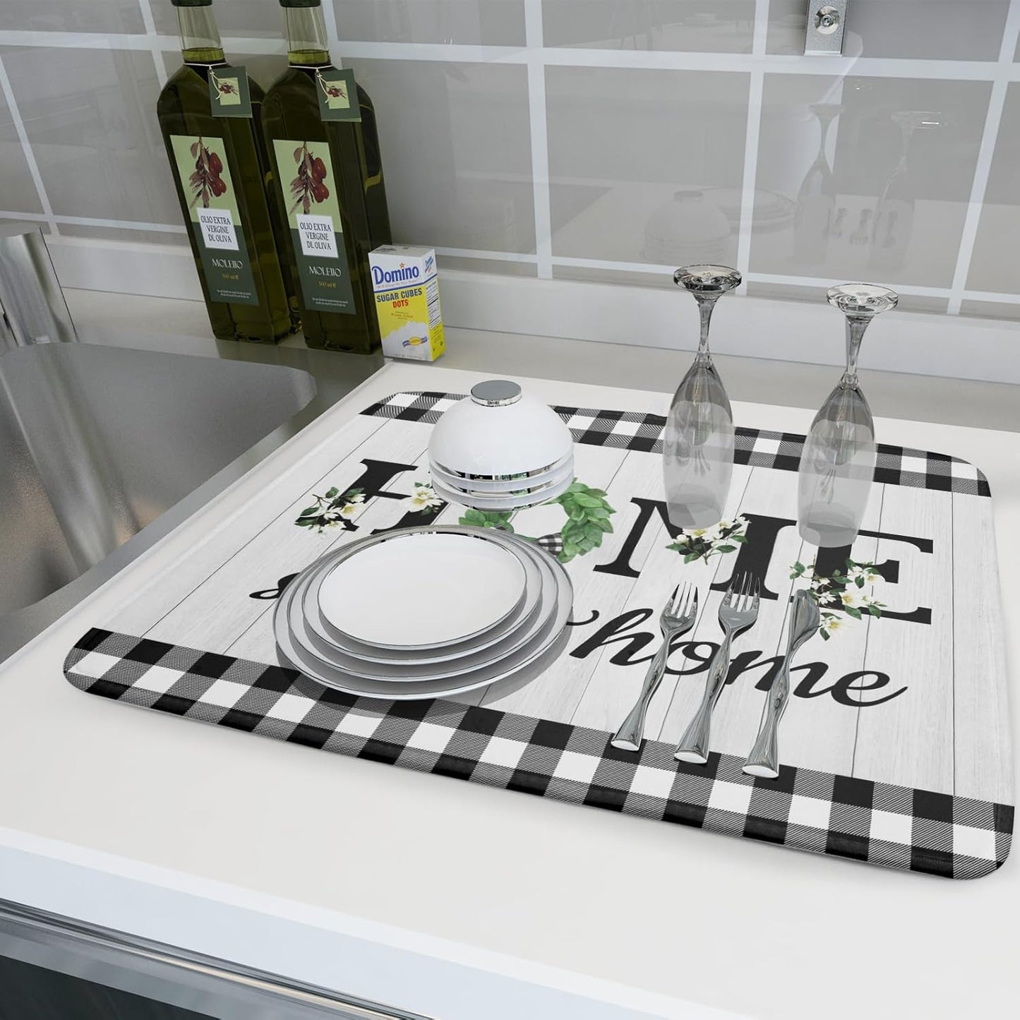 Farmhouse Rustic Dish Drying Mat for Kitchen Counter Sweet Home Spring Floral Absorbent Reversible Microfiber Kitchen Countertop Protector Dishes Pad Large 18x24 inch